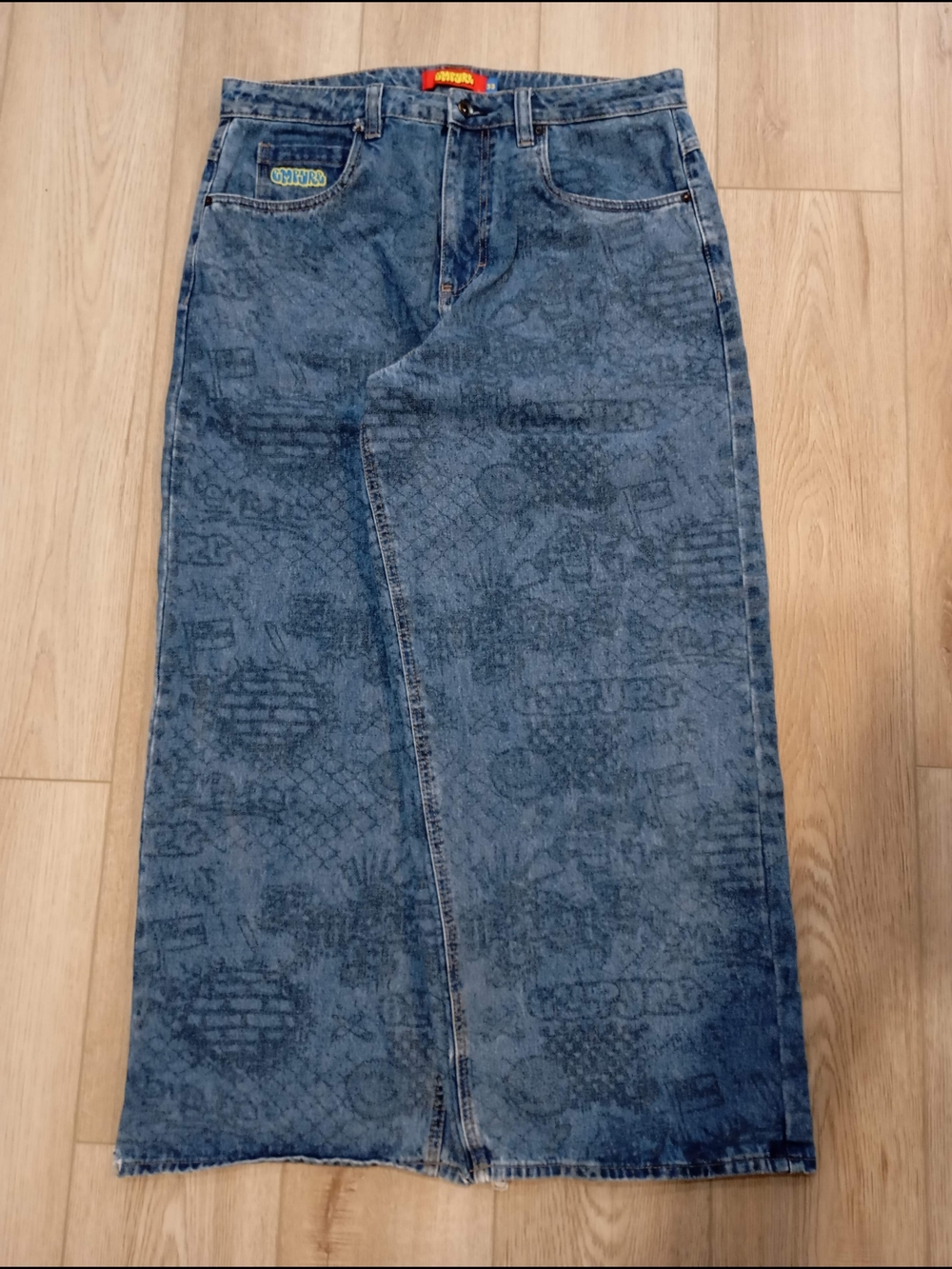 Empyre Blue Graphic Wash Denim Maxi Skirt